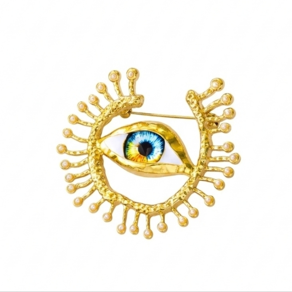 🆕️ Schiaparelli Style Gold Eye Brooch with Blue and Gold Accents NWOT